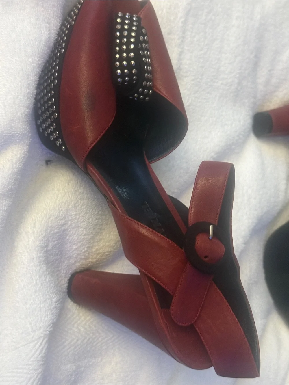 Sonia Rykiel Burgundy Studded Peep-Toe Block Heels with Ankle Strap